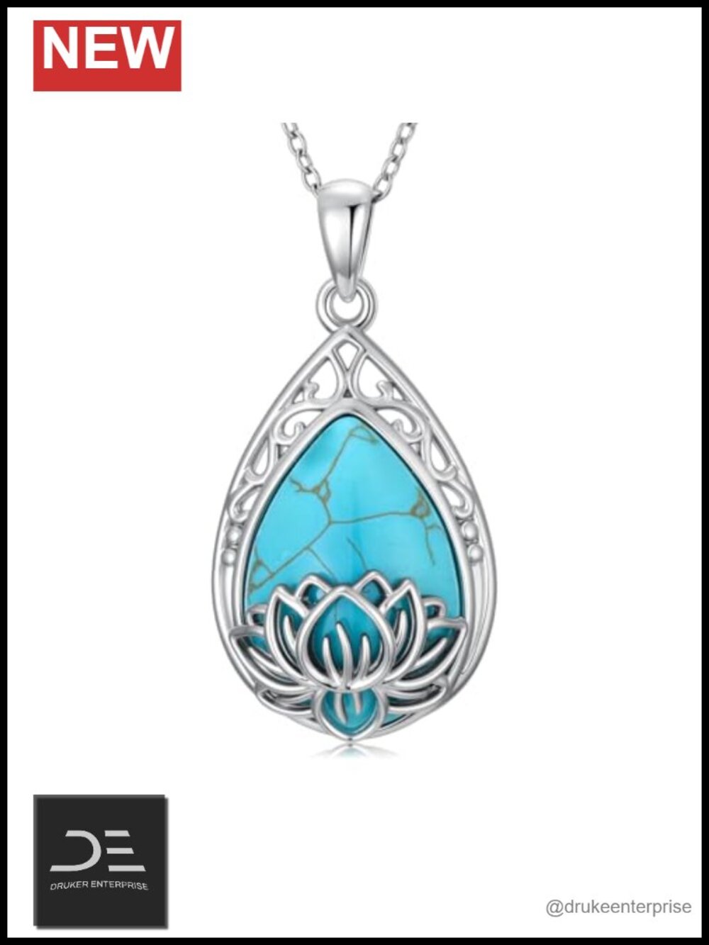Turquoise Lotus Necklace 925 Sterling Silver Teardrop Pendant Western Gemstone